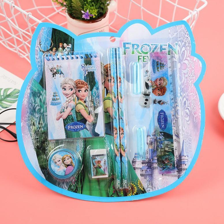 Combo 100 Bộ Bút chì, thước kẻ, gọt bút, tẩy chì,sổ ghi chú xinh xắn hình dáng người nhện doremon mickey elsa c