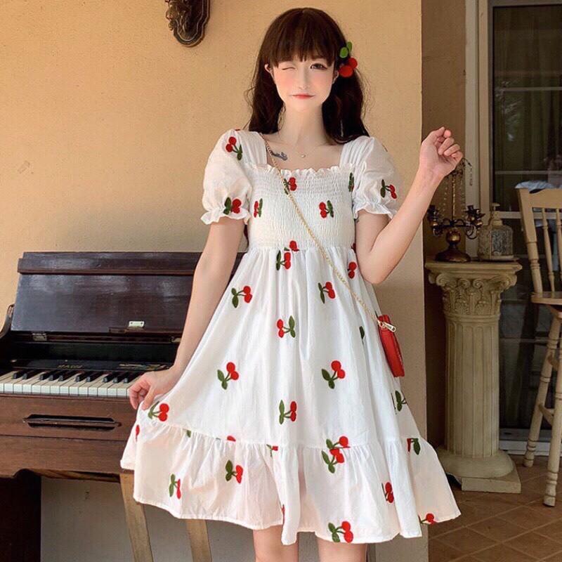 Váy đầm nữ babydoll tay phồng họa tiết trái cây siêu dễ thương dành cho các bạn nữ tuổi teen AM