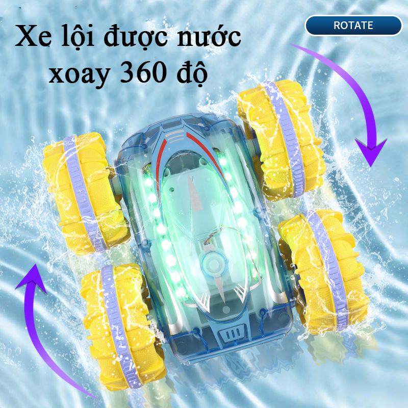 Đồ chơi xe điều khiển từ xa đi được dưới nước có đèn LED nhiều màu tần số 2.4 Ghz với 2 điều khiển kép
