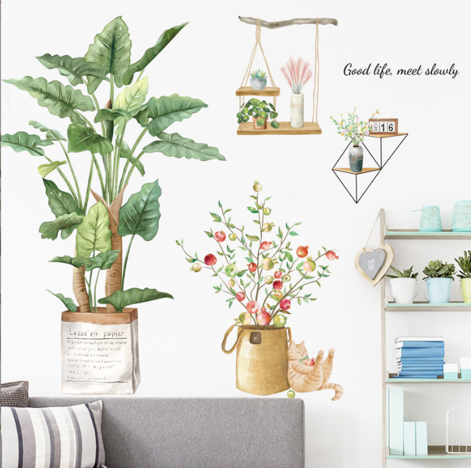 Decal trang trí tường - Cây lựu đỏ và chú mèo