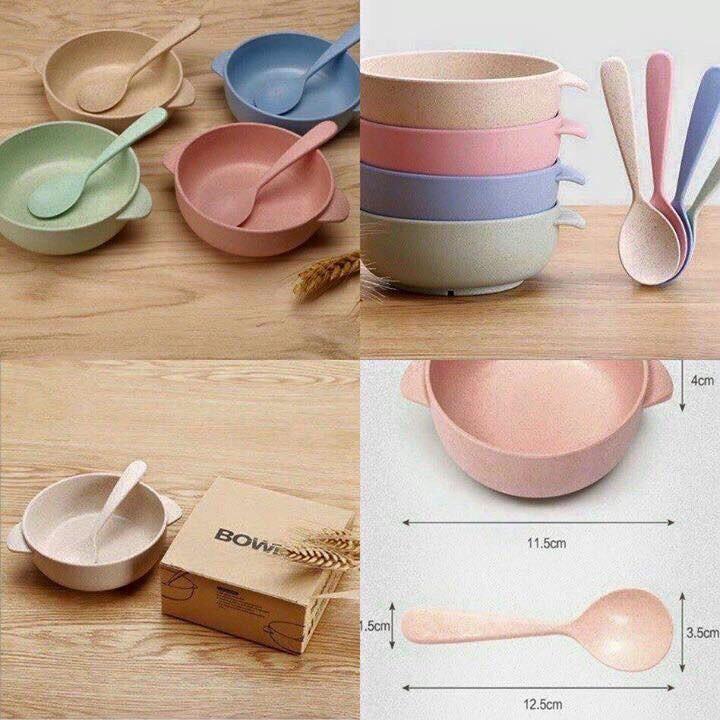 Chén Ăn Dặm Lúa Mạch Có Tay Cầm Kèm Muỗng Nhiều Màu