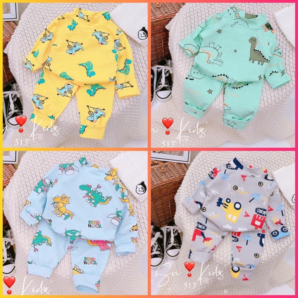 Bộ cotton cổ cao 3p quần áo bé trai hoạ tiết khủng long ô tô
