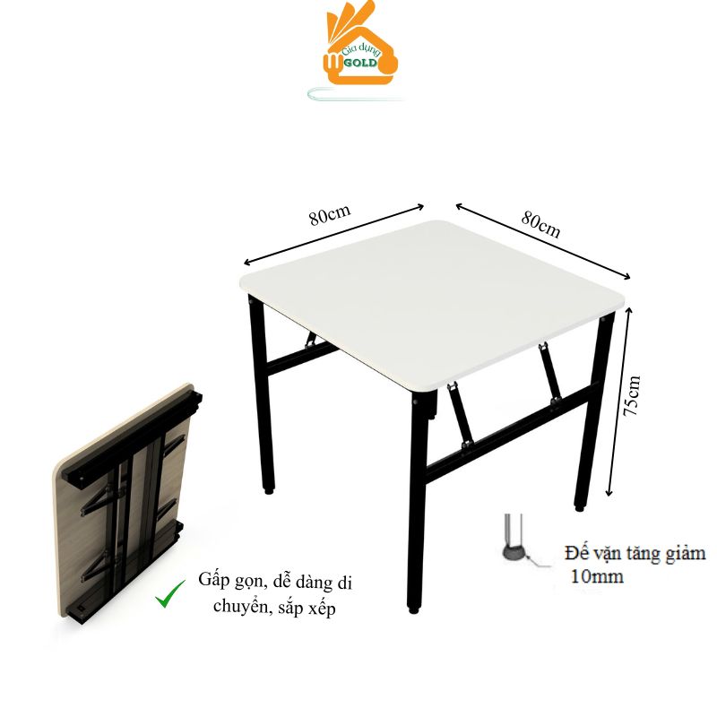 Bàn Làm Việc, Bàn Ăn, Bàn Học Gấp Gọn Chân Sắt Gấp Gọn Mặt Gỗ MDF Vuông 80cm