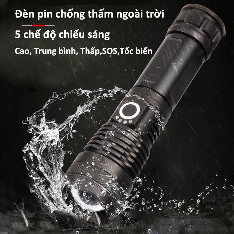 Đèn pin siêu sáng XHP50 bản cao cấp đèn led chiếu xa chống nước, chiếu xa 300m, sạc pin tiện lợi Độ sáng 1800 lumens