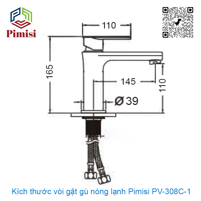 Gật Gù Nóng Lạnh Pimisi PV-308C-1 Dài - Rộng 17 cm, Mạ Xi Sáng Bóng, Dùng Cho Chậu Rửa Mặt 1 Lỗ Ở Nhà Vệ Sinh - Vòi Lavabo Gắn Trên Bồn Chậu Rửa Treo Tường Hay Lavabo Mặt Bàn Đá, Với Đầy Đủ Phụ Kiện Xi Phông Và Dây Cấp Nước | Hàng Chính Hãng