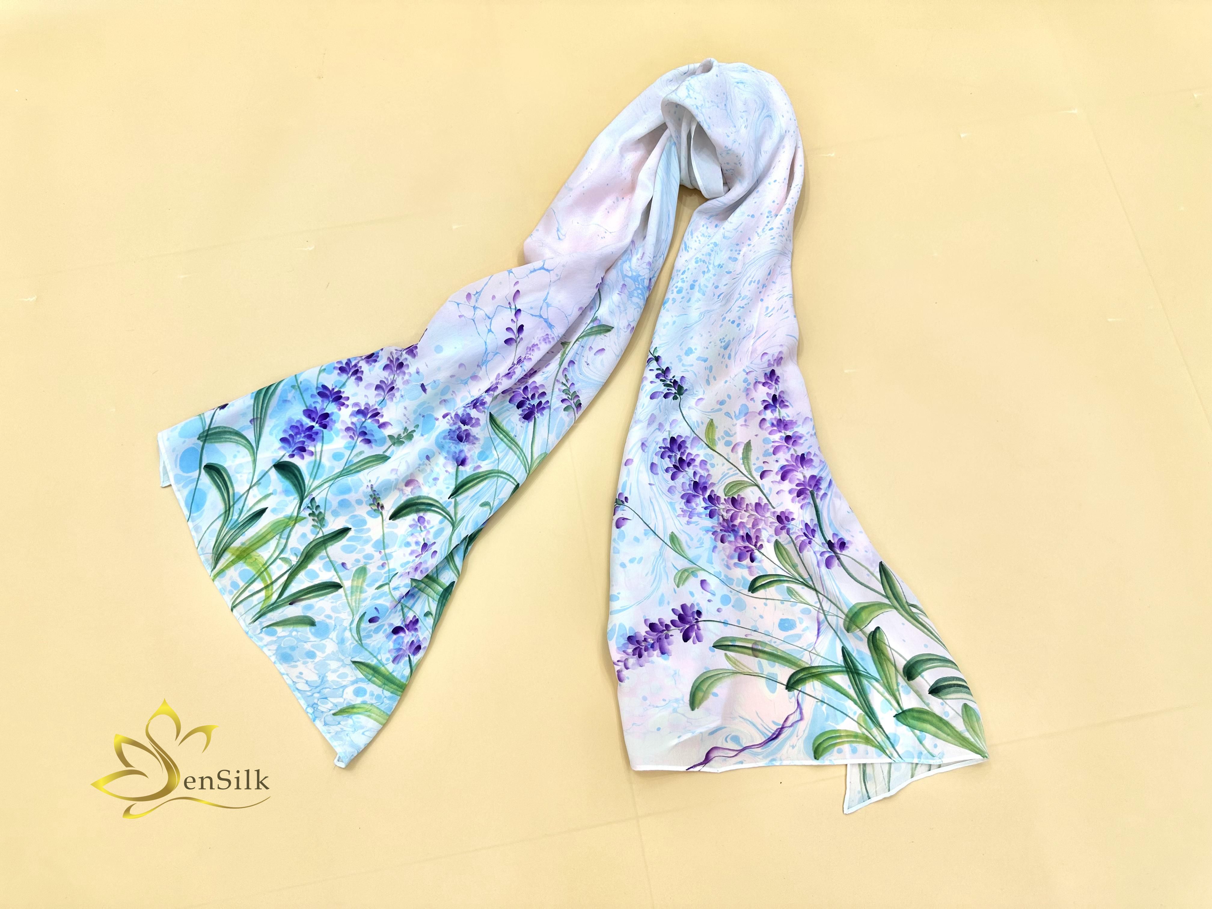 Khăn Lụa Thuỷ Ấn Sen Silk Lavender - Quà Tặng Cao Cấp - 100% Natural Silk Scarf Water Marbled Hand Painted - Girf for Her Bridemaid Friend Business - Best Silk Shawl Handmade