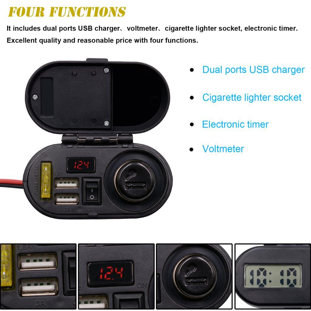 Waterproof Motorcycle Cigarette Lighter Dual USB Charger & Switch & Clock