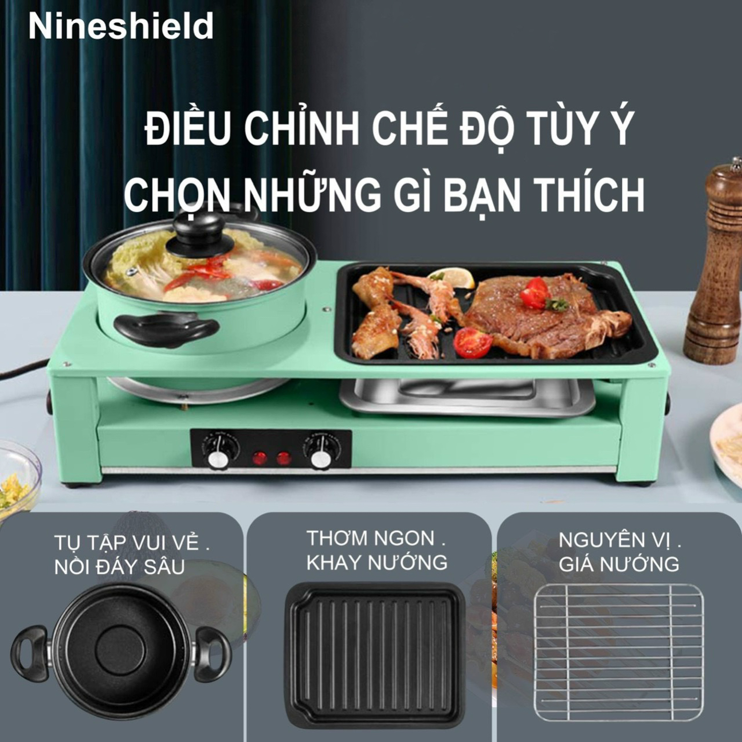 Bếp Lẩu Nướng Đa Năng 2 Trong 1 Chế Độ Điều Khiển Nhiệt Độc Lập Có Thể Nướng Như Bếp Than Hoa