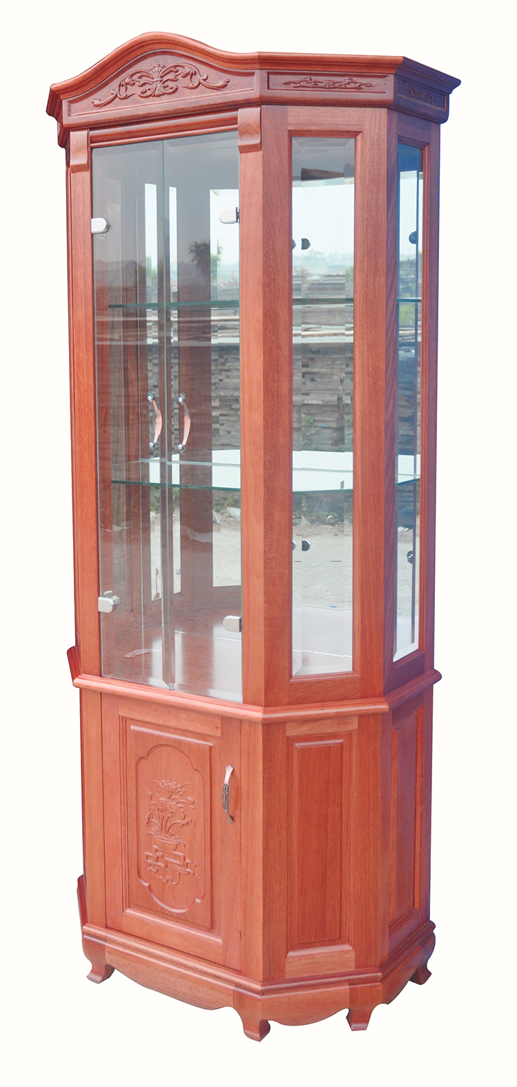 Tủ rượu lục lăng - Phào cong đục Gỗ Xoan Đào Nam Phi