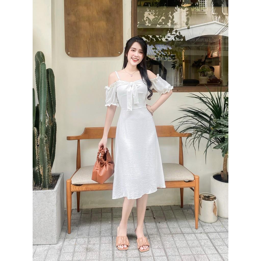 ĐẦM ĐŨI NHẮN 2 LỚP BẸT VAI DÁNG XÒE -hình thật shop chụp