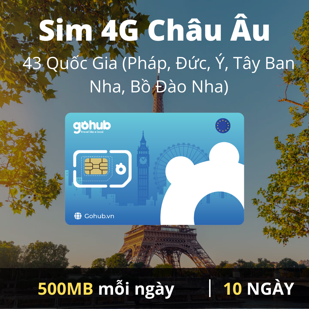 SIM 4G du lịch Châu Âu 43 nước (Bao gồm Pháp - Đức - Ý - Tây Nha - Bồ Đào Nha) Gói theo ngày