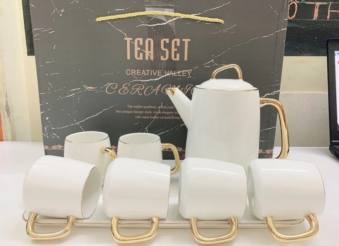 Bộ ấm chén kèm khay sứ trắng phong cách Âu