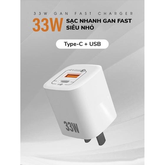 Cốc hỗ trợ sạc nhanh Gan 33W RY-U33 sạc 1 lúc 2 thiết bị (USB + TypeC)