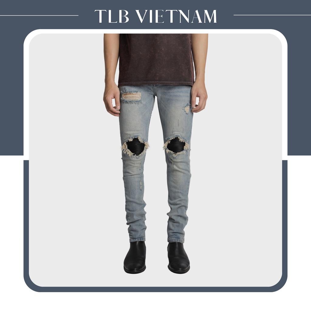 Quần Jeans Nam Stretwear Chất Liệu Cao Cấp Rách Gối Đắp Da Đen Màu Xanh Sáng - TLB Vietnam