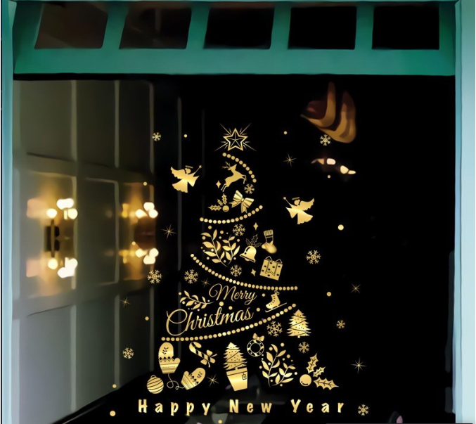 Decal trang trí Noel - Thông Phụ Kiện ánh vàng cao cấp siêu đẹp sang trọng