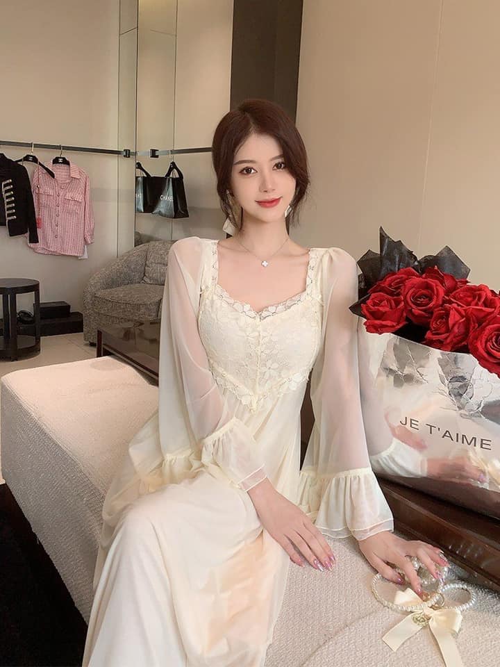 Đầm ngủ tiểu thư 2 lớp phối ren hoa size M