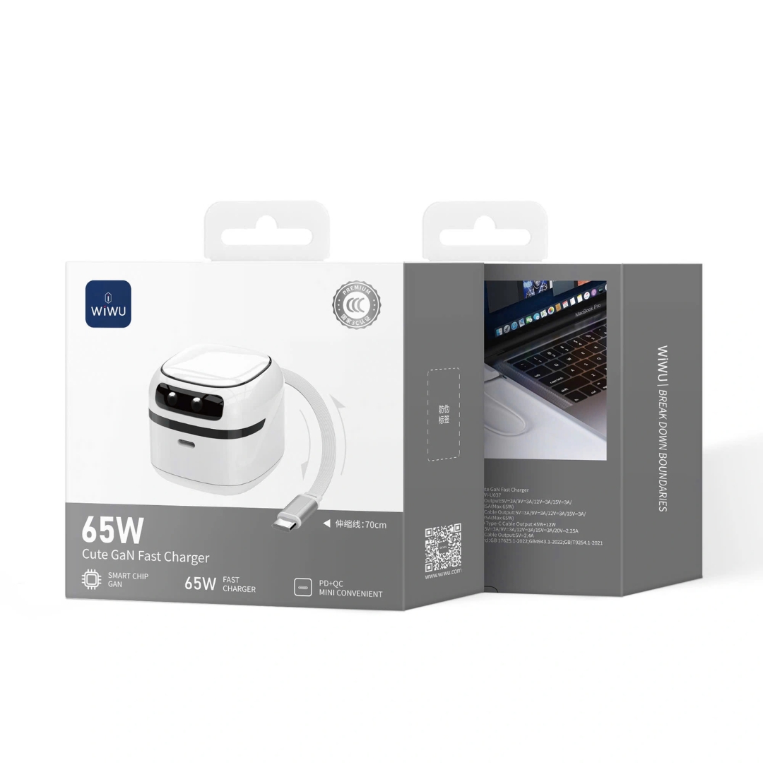 Adapter cóc củ sạc nhanh 65W PD USB C kèm dây sạc Type-C PPS chống cháy hiệu WIWU Robot Fast Charger cho iPhone iPad Oppo Samsung  - Trang bị chip AI thông mình tự động điều chỉnh dòng điện, bảo vệ quá sạc - Hàng nhập khẩu