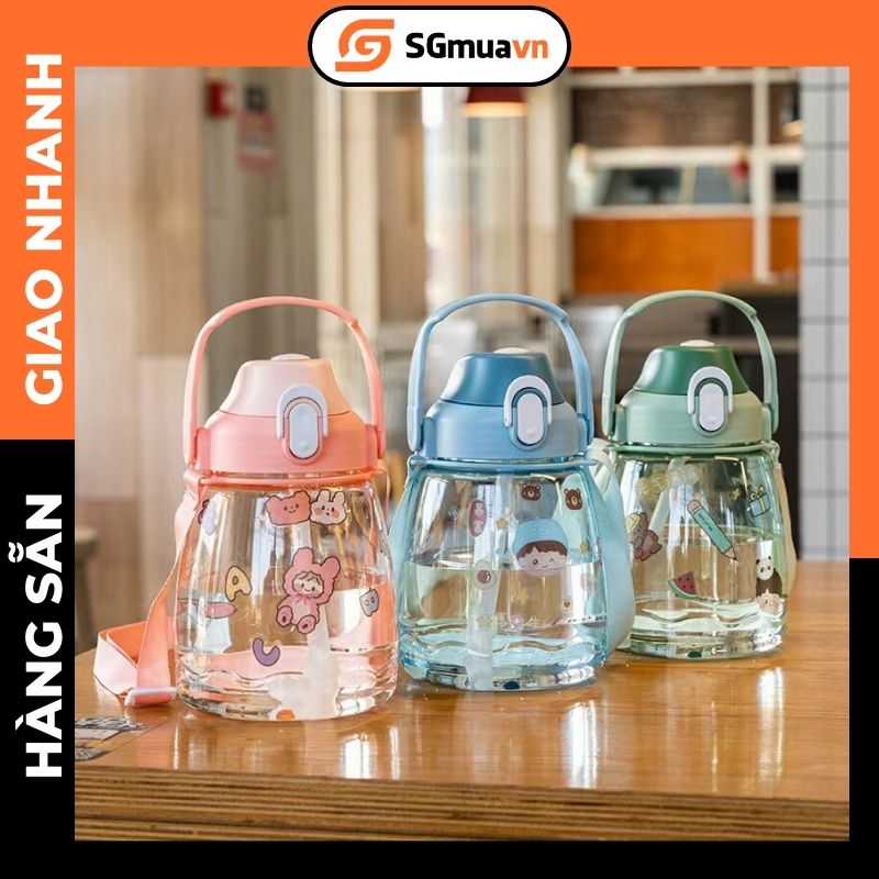 Bình nước 1.3l, bình nước thể thao nhựa trong suốt đủ màu dán sticker