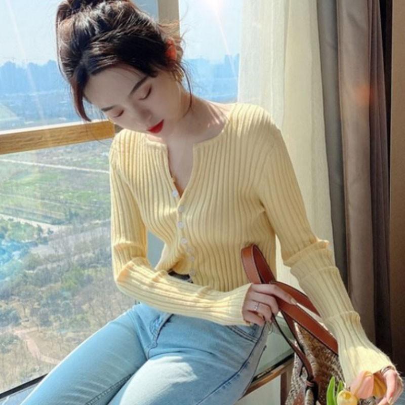 Áo Cardigan Dệt Kim Tay Dài Phối Nút Thiết Kế Cổ Chữ V Thanh Lịch