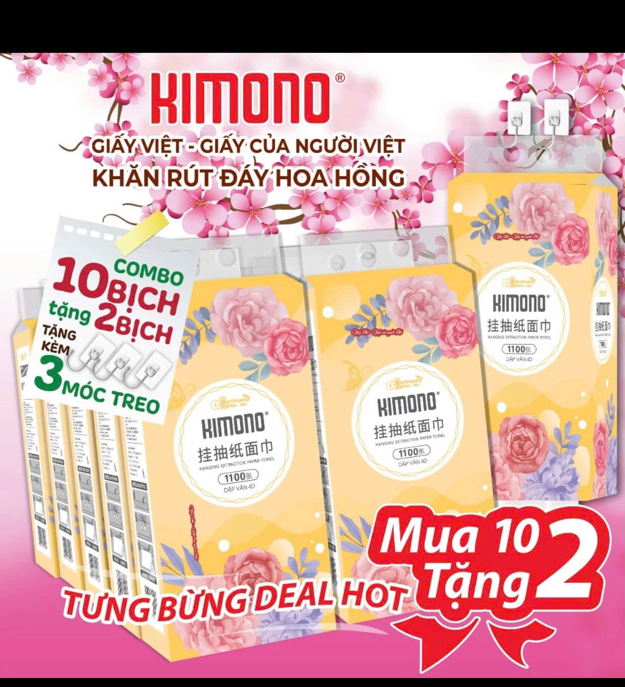 COMBO 10 bịch giấy treo tường đa năng KIMONO hoa VÀNG 4 lớp dạng rút 1100 tờ tặng kèm 2 móc treo đôi
