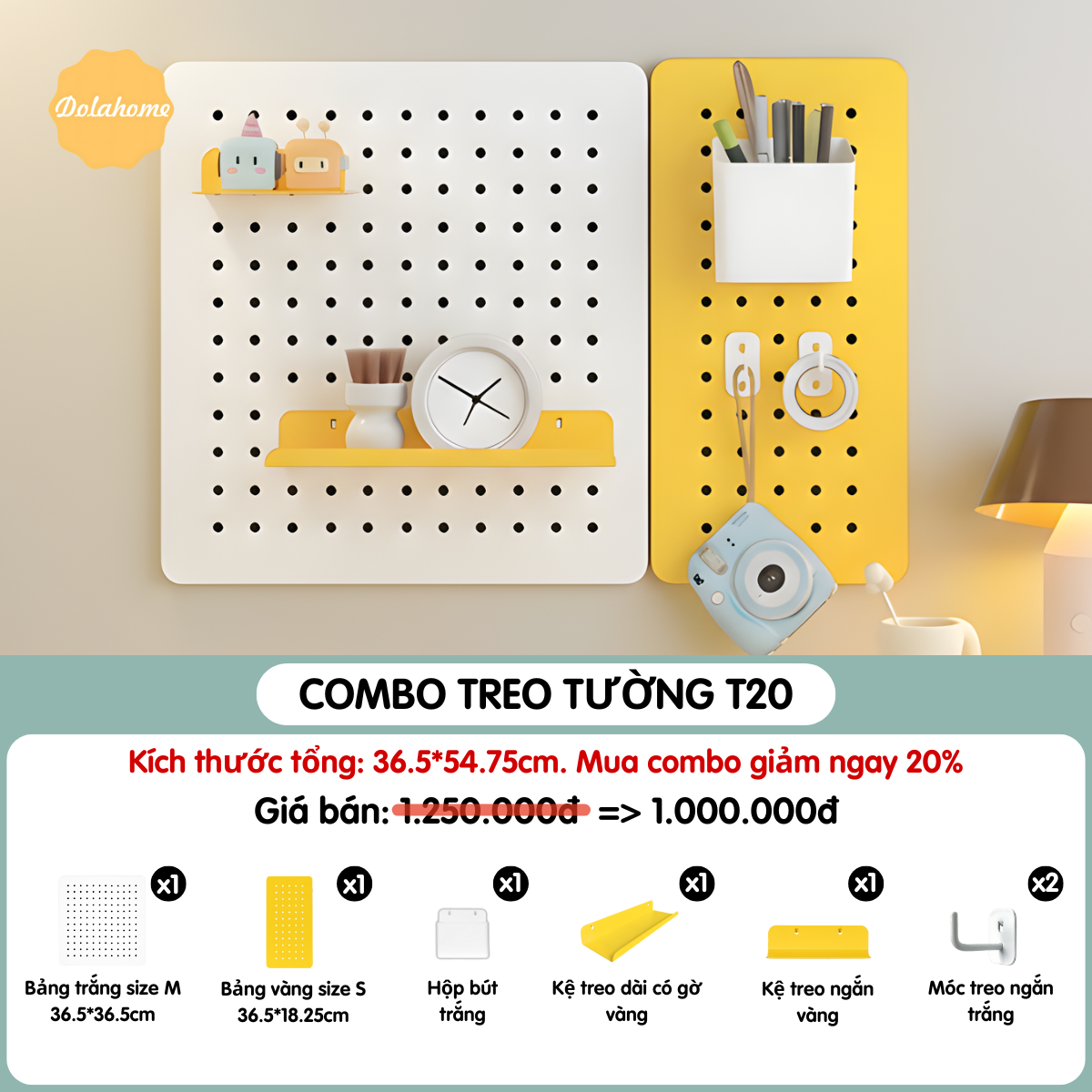Bảng lỗ  Pegboard Dola Home kim loại cao cấp tiện dụng đặt bàn học, bàn làm việc, trang trí decor nhà cửa ngắn nắp