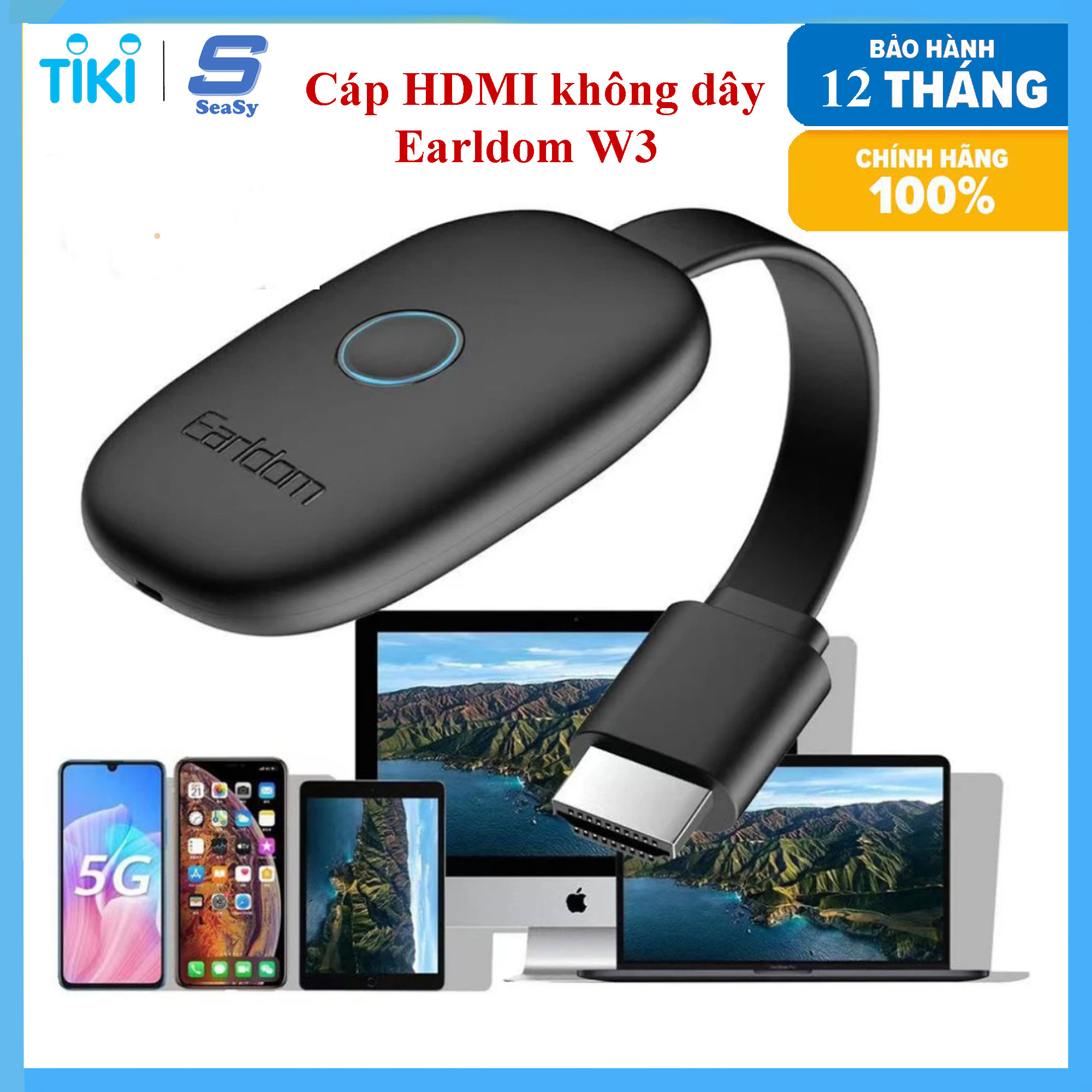 Cáp HDMI Không Dây Earldom W3+, Dùng Cho Điện Thoại, Laptop, Máy Tính Bảng, Máy Tính Kết Nối Với Tivi, Máy Chiếu Qua Wifi Với Độ Phân Giải HD-4K - Hàng Chính Hãng