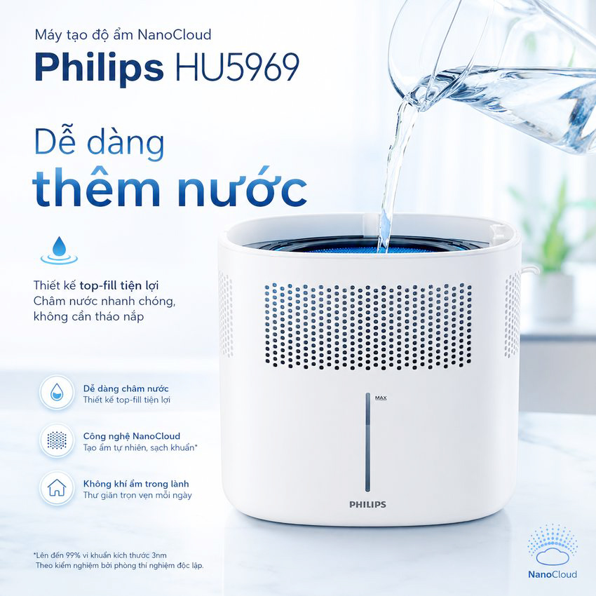 Máy tạo độ ẩm công nghệ NanoCloud UV khử khuẩn Philips HU5969 - Dùng cho phòng diện tích 85m2 - Hàng nhập khẩu