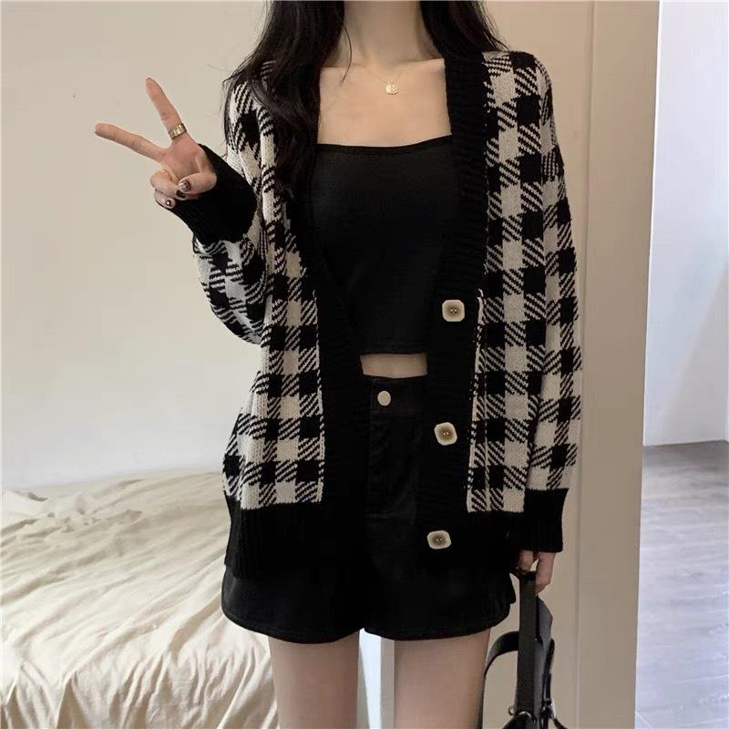 Áo cardigan khoác len nữ tay dài kẻ caro vintage nâu đen form dài rộng chất dày dặn kiểu Hàn Quốc hàng Quảng Châu C-7