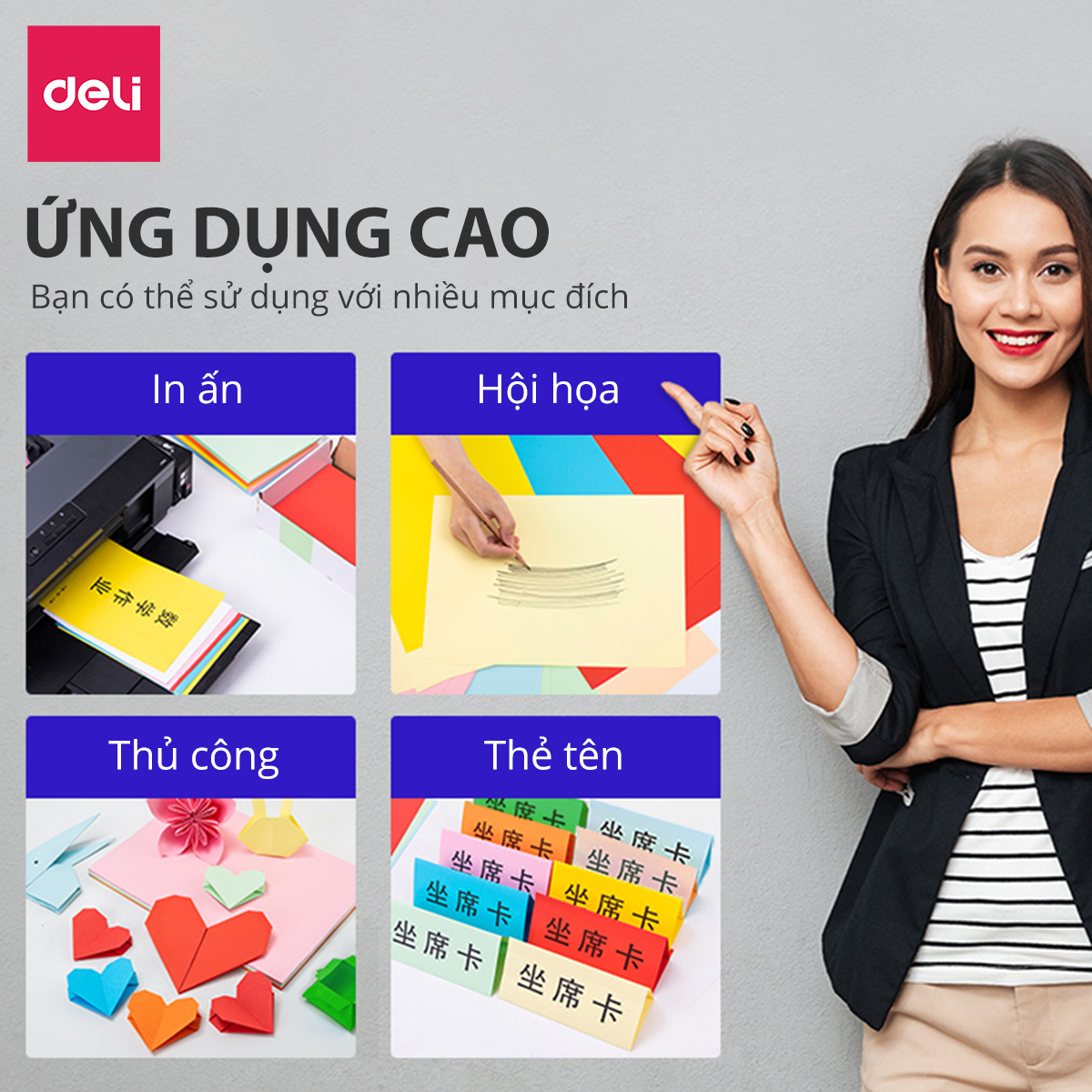 Giấy in A4 nhiều màu khổ Deli - Định lượng 80gsm - 100 trang/tệp - 2 tông màu pastel / sặc sỡ - 7788