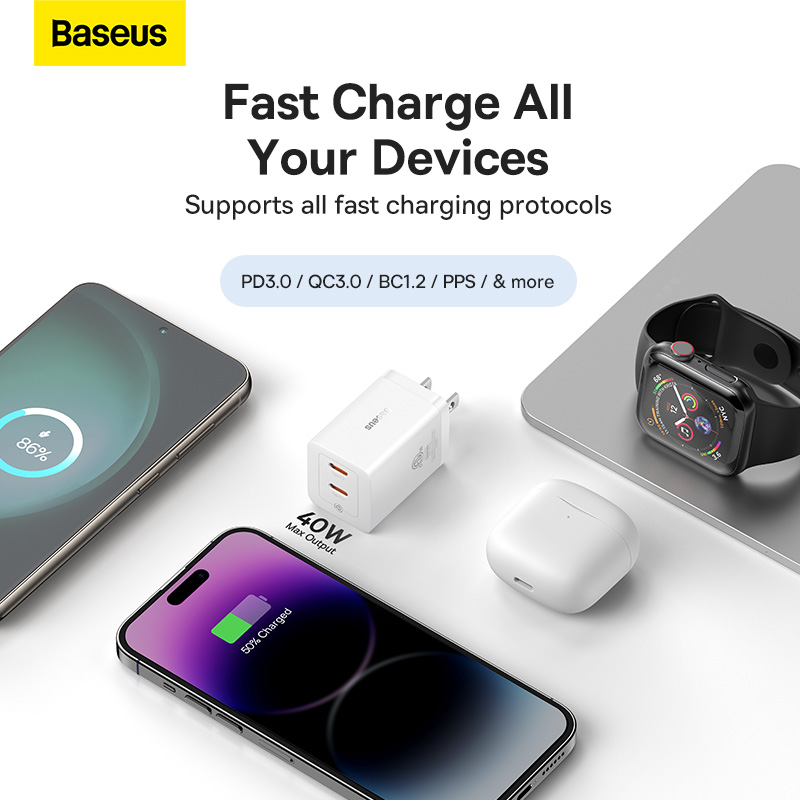 Cốc Sạc Nhanh Nhỏ Gọn OS-Baseus GaN5 Pro Fast Charger C+C 40W US