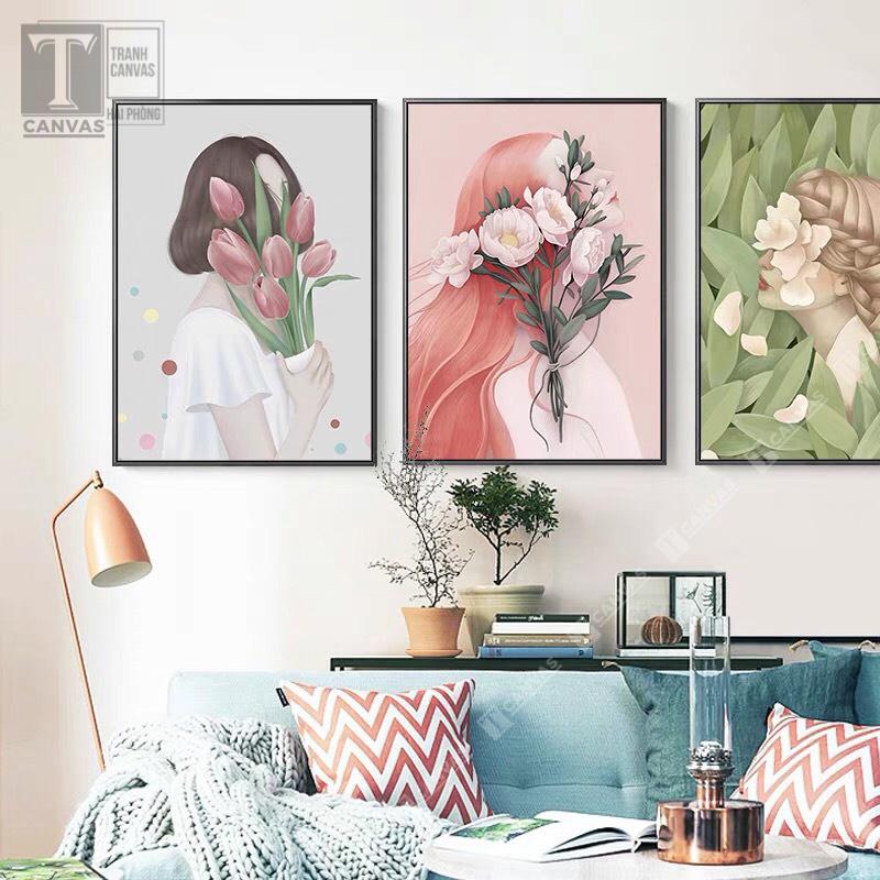 Tranh canvas treo tường phòng khách, tranh nghệ thuật Cô gái che mặt và hoa CGCM84-86 (không kèm khung)
