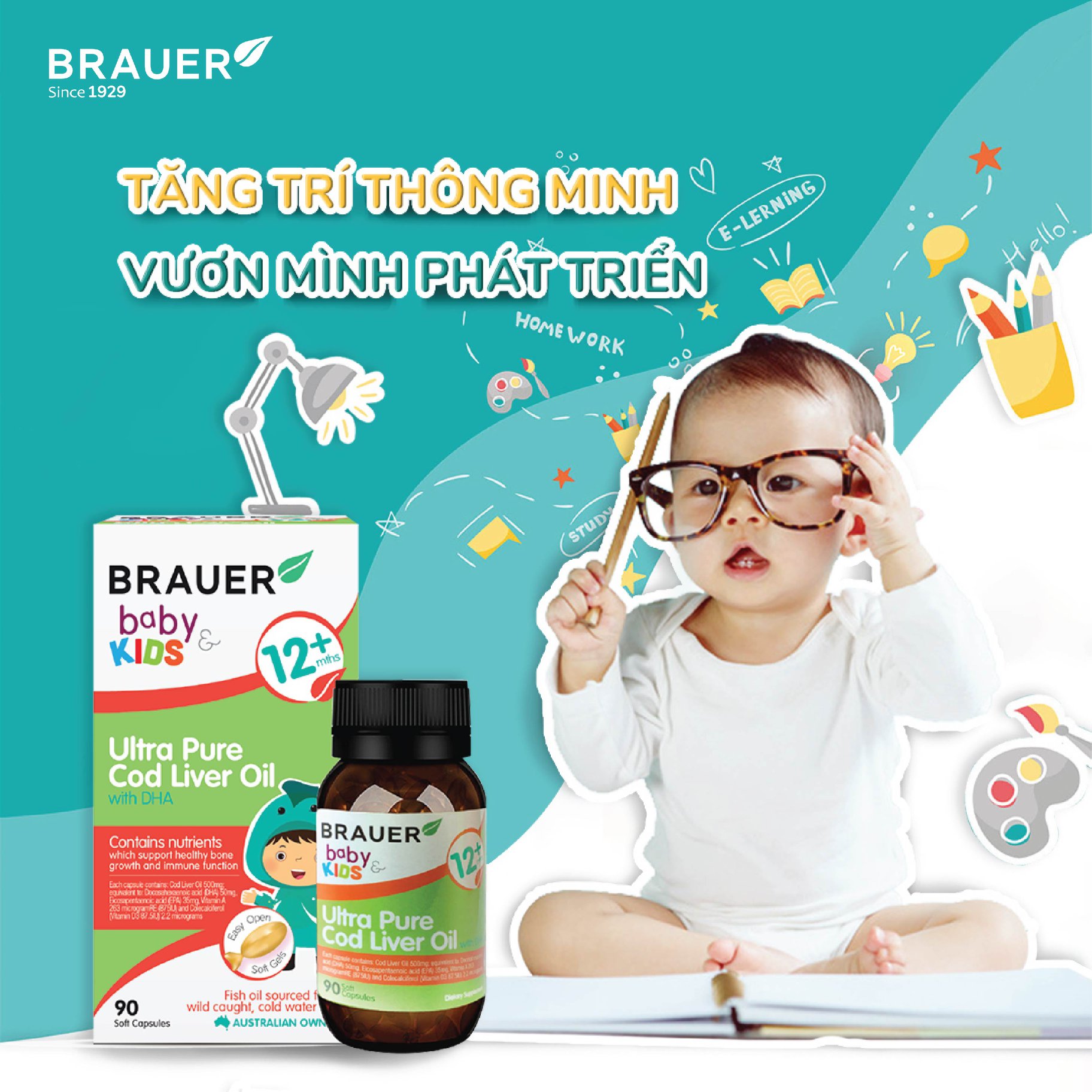 DHA tinh khiết cho bé Brauer Ultra Pure Úc Giúp phát triển não bộ, khả năng tập trung và ghi nhớ, tốt cho mắt cải thiện thi lực - Massel Official