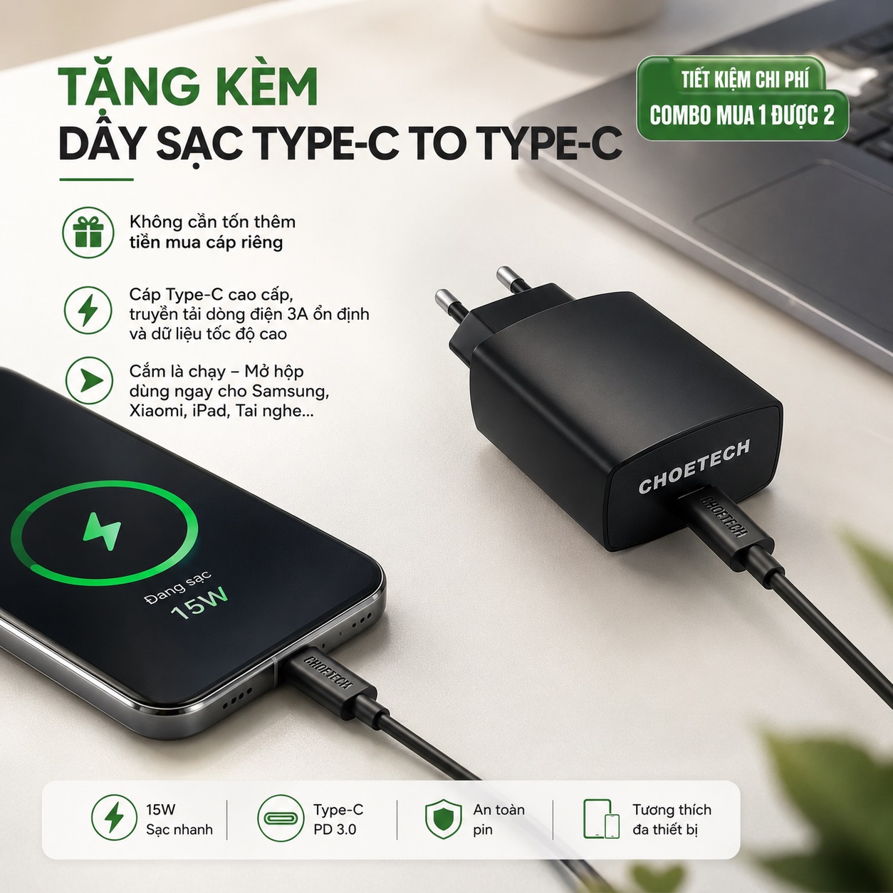 Bộ Củ Sạc Nhanh CHOETECH TC001 PD 3.0 15W Type-C | Tặng Cáp Type-C Sạc Nhanh An Toàn Pin Chip IC Thông Minh Cho iPhone Samsung Xiaomi OPPO Vivo cho iPad Tai Nghe Pin Dự Phòng - Hàng nhập khẩu