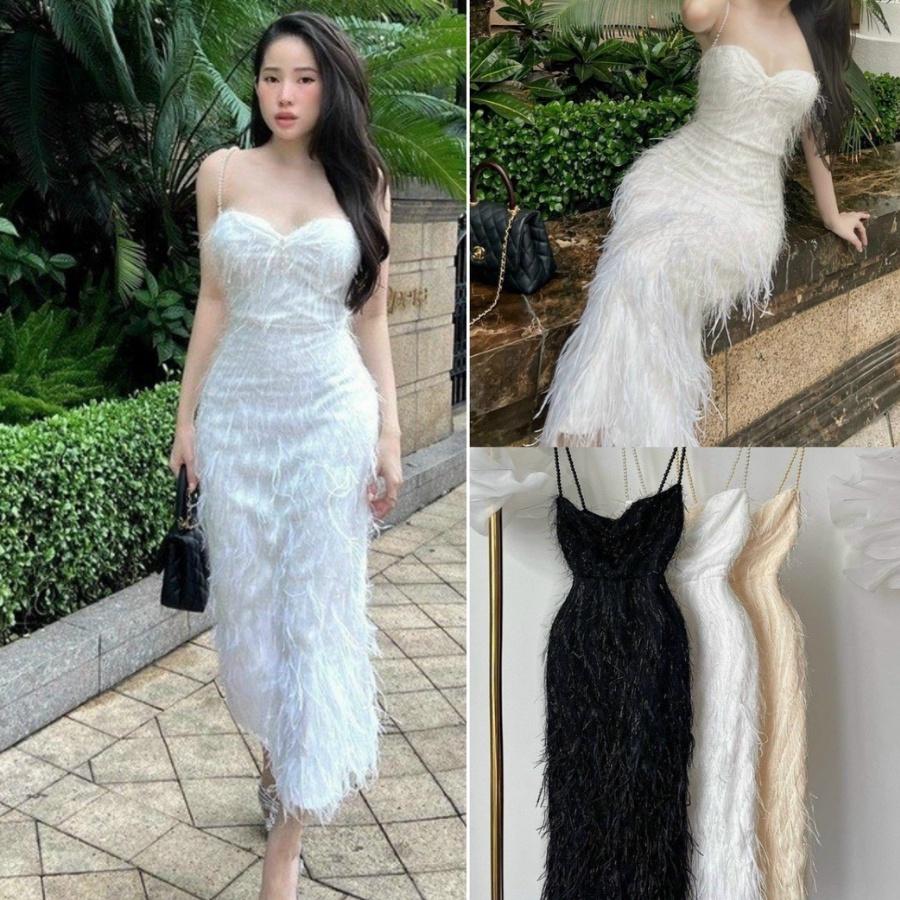 FREESHIP Đầm Trắng Dự Tiệc nữ Cổ Yếm Chất Liệu Lông Vũ 2 Lớp đa màu phong cách quyến rũ gợi cảm KDS302 BKIM