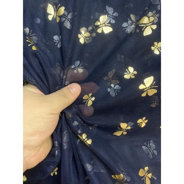 Vải lưới tím than (xanh đen) in hình bướm