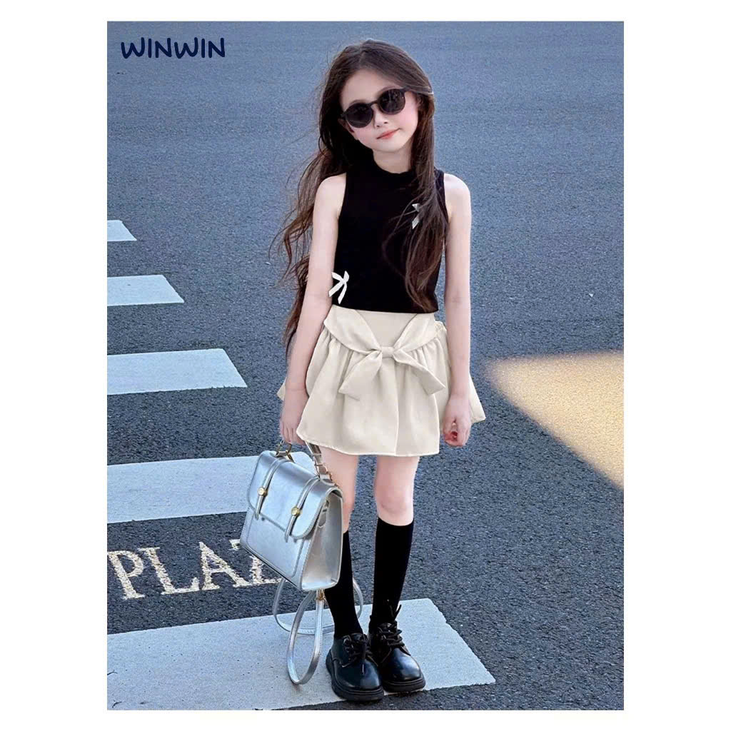 SET VÁY BÉ GÁI ÁO SÁT NÁCH ĐÍNH NƠ KÈM CHÂN VÁY KAKI CỘT NƠ TỪ 12-45KG DÀNH CHO BÉ GÁI