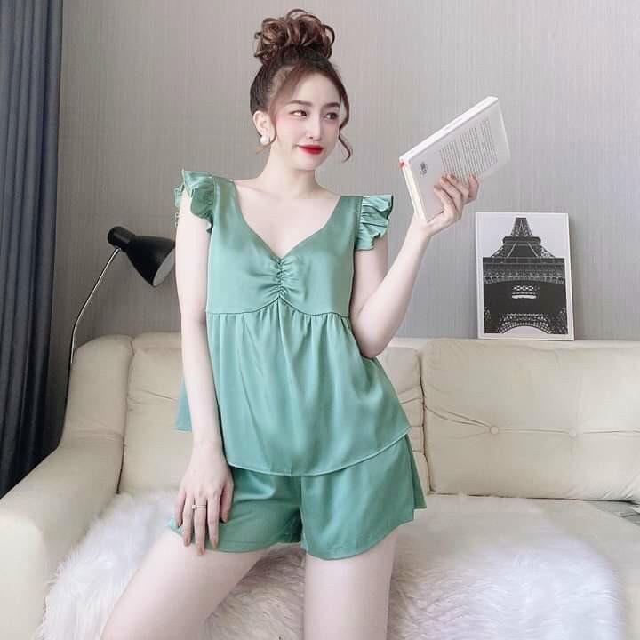 DỄ THƯƠNGSet đồ ngủ nhún nơ tay cánh tiên quần đùi đồ bộ lụa satin cao cấp mặc nhà freesize 58kg