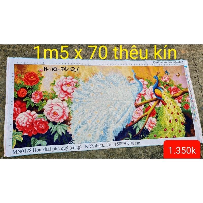 Tranh thêu công hoa khai phú quý 150x70 thêu kín