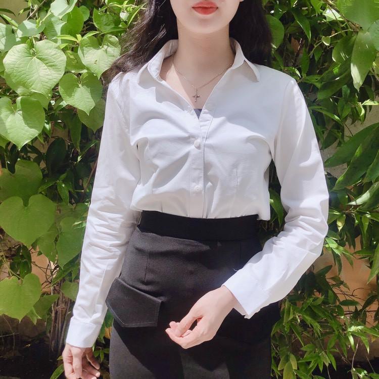 Áo sơ mi nữ form body tay ngắn vải kate màu đen