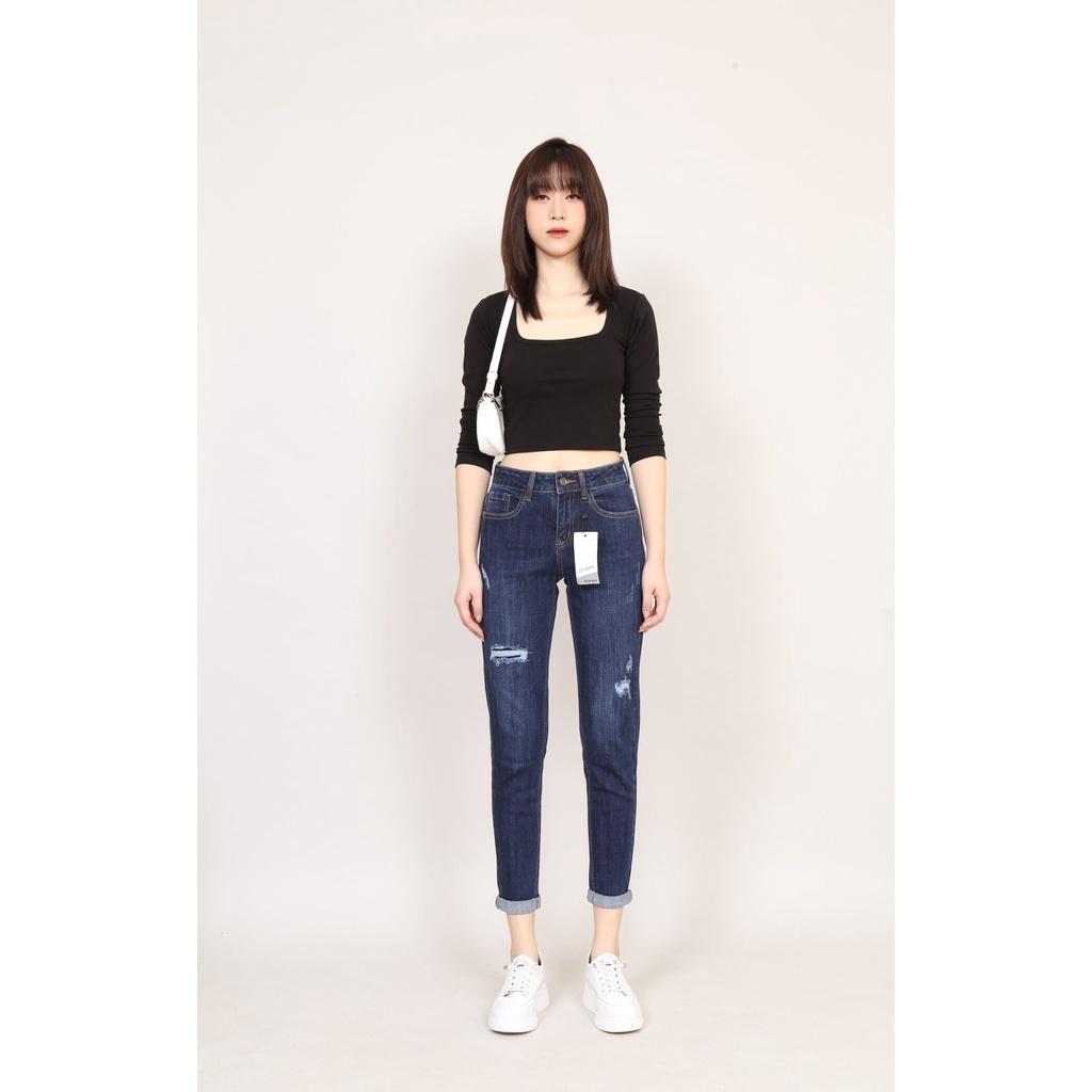 Quần Jean Nữ Boyfriend Baggy Rách Vá 1 Ô Bên Phải Co Dãn Gấu Thường CT JEANS