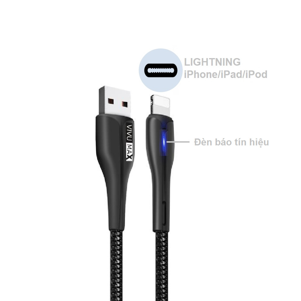 Cáp sạc nhanh và truyền dữ liệu VivuMax L102 đầu sạc Lightning, tương thích hầu hết các sản phẩm có cổng Lightning (IPhone/IPad/AirPods) - Có đèn LED báo tín hiệu, 1m, Dây PVC cao cấp chống cháy – Hàng  Chính Hãng