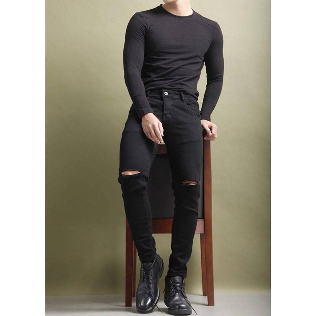 Quần Jean Nam Rách Gối Màu Đen Trơn