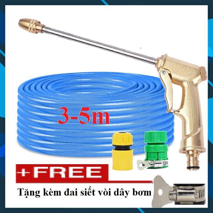 Bộ dây vòi xịt nước rửa xe, tưới cây , tăng áp 3 lần, loại 3m, 5m 206701-3 đầu đồng,cút nối nhựa vàng+ đai