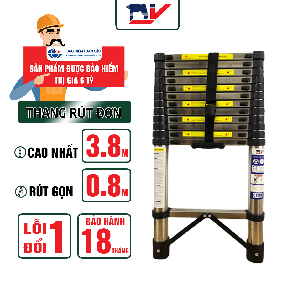 Thang rút đơn inox DIY TLS-I-38 chiều cao sử dụng tối đa 3.8m, tải trọng 150kg