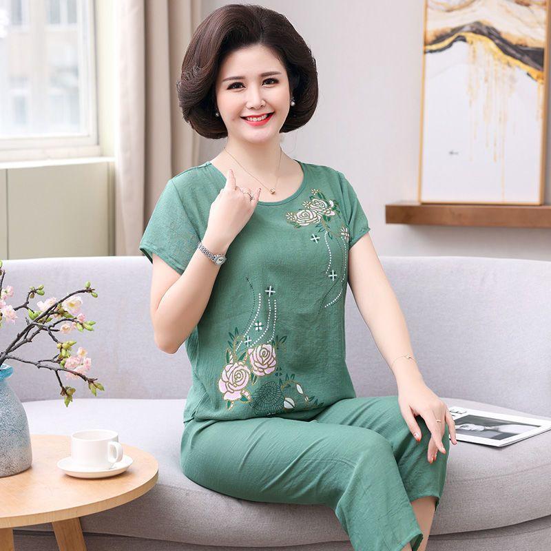 Đồ bộ trung niên cho mẹ, bộ đũi hoa hồng kiểu dáng sang trọng