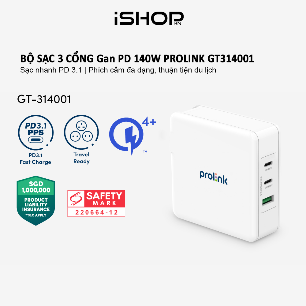 Củ sạc nhanh Prolink GT314001 3 cổng 140W (PD 3.1 & QC4+) công nghệ GAN phù hợp Laptop, Tablet, điện thoại - Hàng chính hãng