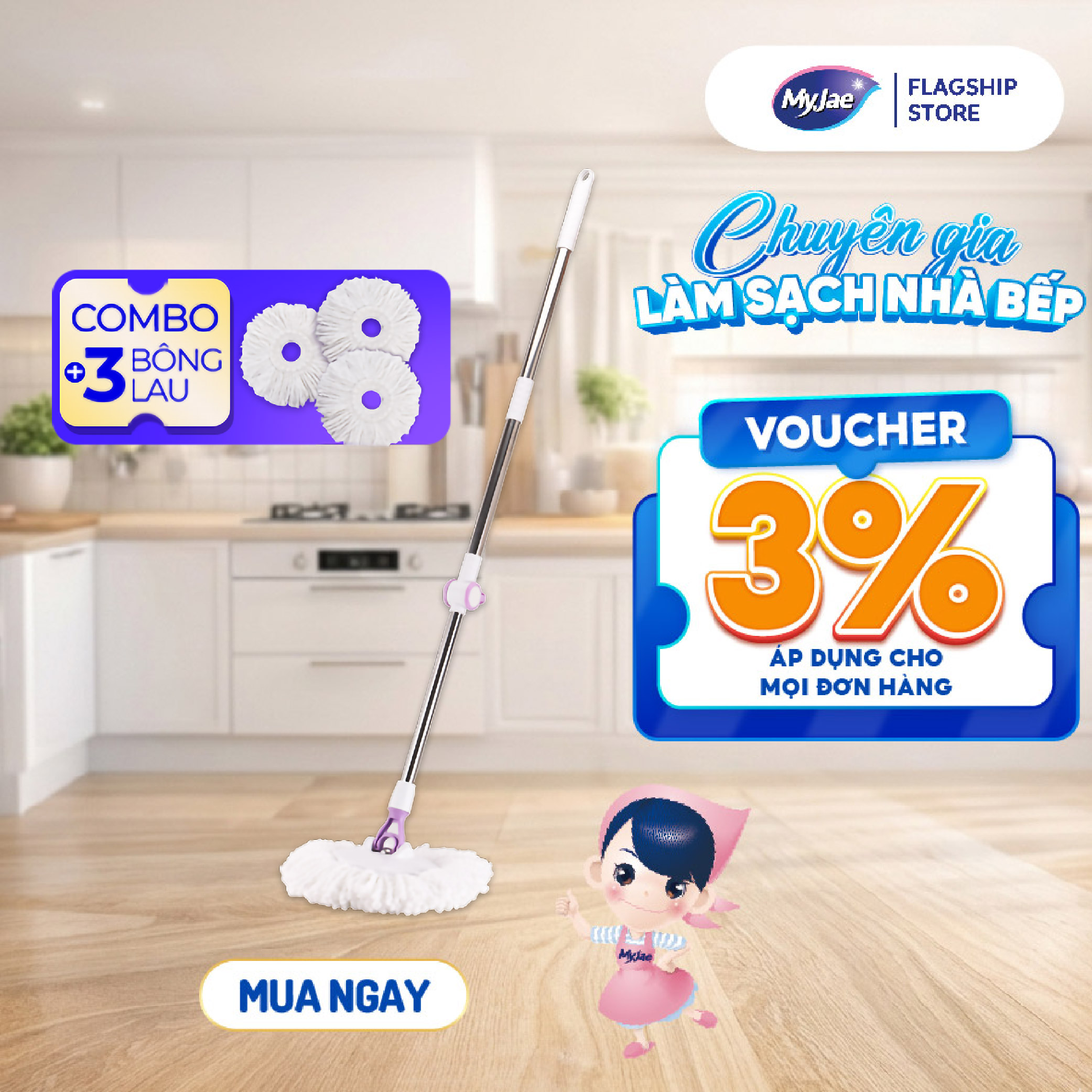 Combo 3 Bông Lau  1 Cây Lau Nhà Đơn MyJae Sợi Microfiber Xoay 360 Độ Phù Hợp Cho Nhiều Loại Thùng Lau 134cm