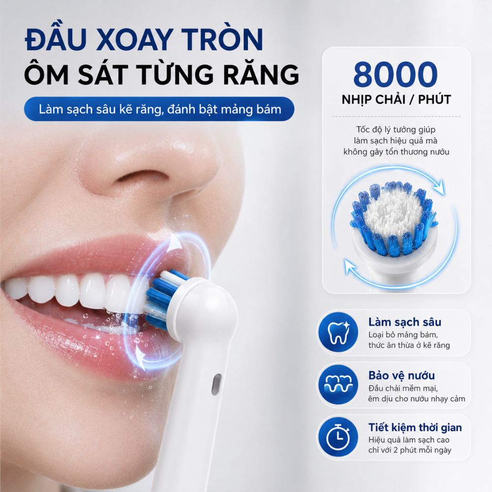 Bàn chải điện đầu xoay tròn Kachi MK361 kèm đế sạc không dây và 2 đầu bàn chải