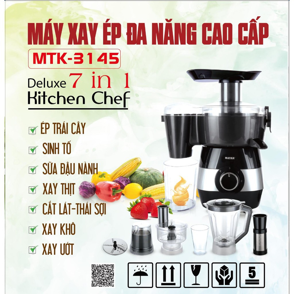 Máy Xay Ép Cắt Thái Đa Năng Cao Cấp Matika MTK-3145 Với Nhiều Chức Năng Ép Trái Cây, Xay Sinh Tố Xay Thịt,Sữa Hạt,Xay Gia Vị, Cắt Lát-Cắt Sợi, Xay Ngũ Cốc, Xay Cháo-Hàng Chính Hãng