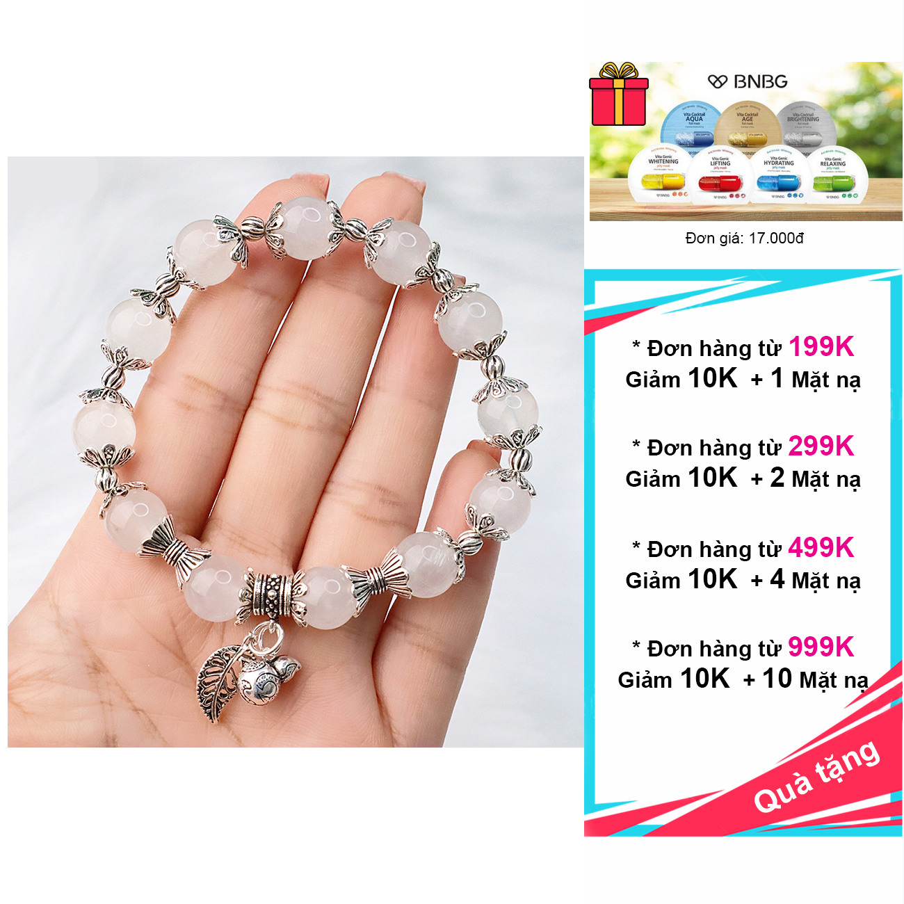 Vòng đá mặt trăng - moonstone 10mm mix charm bạc 925 cao cấp